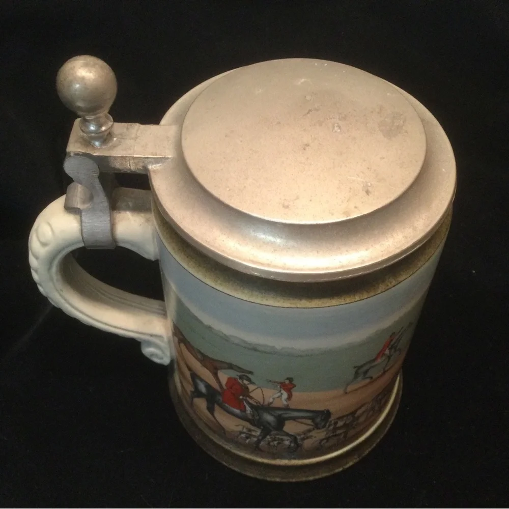 VTG M/R Marzi & Remy German Lidded Beer Stein Pewter The Hunt Fox Hound Germany.